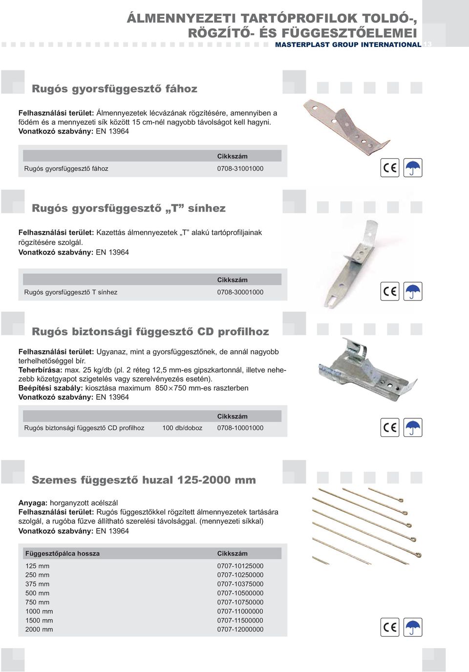 Vonatkozó szabvány: EN 13964 Rugós gyorsfüggesztő fához 0708-31001000 Rugós gyorsfüggesztő T sínhez Felhasználási terület: Kazettás álmennyezetek T alakú tartóprofiljainak rögzítésére szolgál.