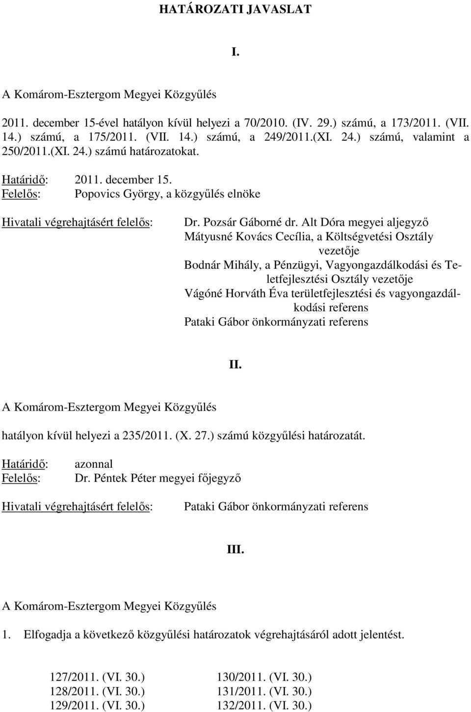 Alt Dóra megyei aljegyzı Mátyusné Kovács Cecília, a Költségvetési Osztály vezetıje Bodnár Mihály, a Pénzügyi, Vagyongazdálkodási és Teletfejlesztési Osztály vezetıje Vágóné Horváth Éva