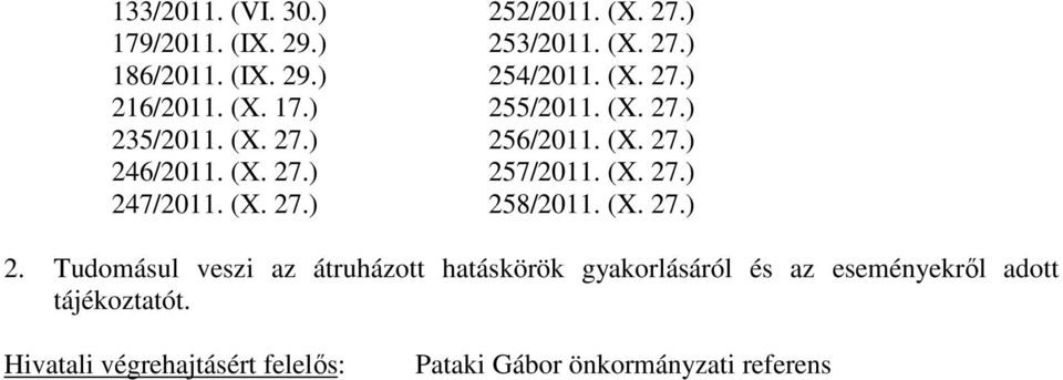 (X. 27.) 257/2011. (X. 27.) 258/2011. (X. 27.) 2. Tudomásul veszi az átruházott hatáskörök gyakorlásáról és az eseményekrıl adott tájékoztatót.