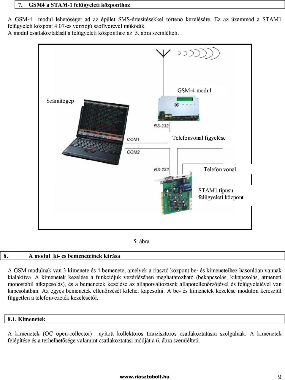 A modul ki- és bemeneteinek leírása A GSM modulnak van 3 kimenete és 4 bemenete, amelyek a riasztó központ be- és kimeneteihez hasonlóan vannak kialakítva.