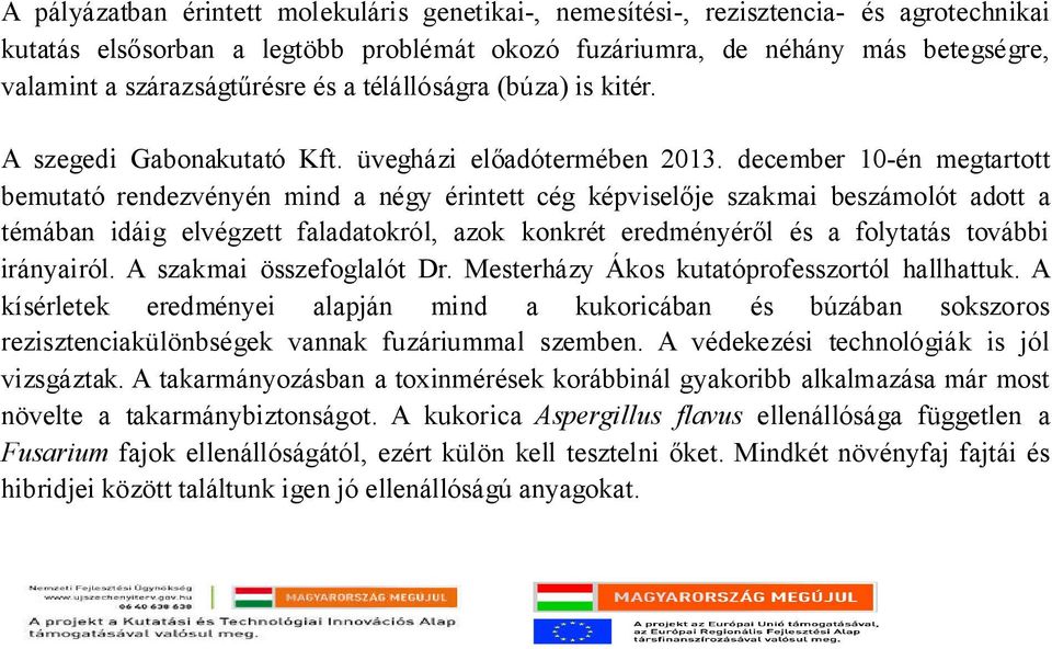 december 10-én megtartott bemutató rendezvényén mind a négy érintett cég képviselője szakmai beszámolót adott a témában idáig elvégzett faladatokról, azok konkrét eredményéről és a folytatás további