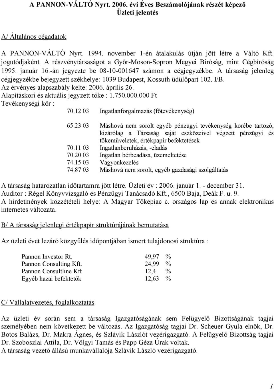 A társaság jelenleg cégjegyzékbe bejegyzett székhelye: 1039 Budapest, Kossuth üdülőpart 102. I/B. Az érvényes alapszabály kelte: 2006. április 26. Alapításkori és aktuális jegyzett tőke : 1.750.000.