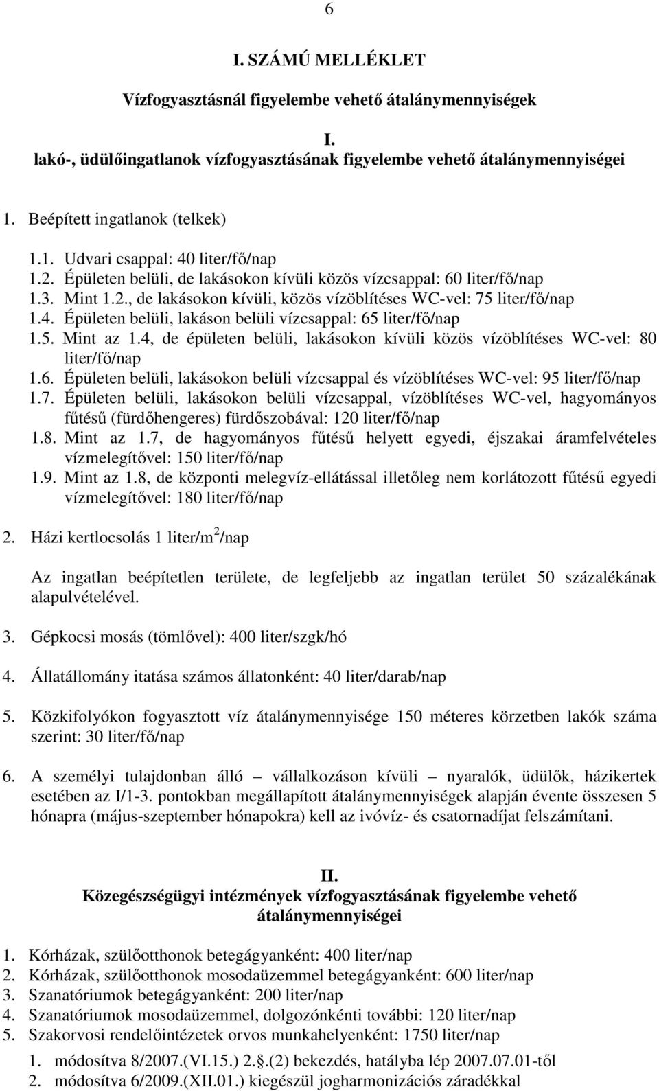 Épületen belüli, lakáson belüli vízcsappal: 65 liter/fő/nap 1.5. Mint az 1.4, de épületen belüli, lakásokon kívüli közös vízöblítéses WC-vel: 80 liter/fő/nap 1.6. Épületen belüli, lakásokon belüli vízcsappal és vízöblítéses WC-vel: 95 liter/fő/nap 1.