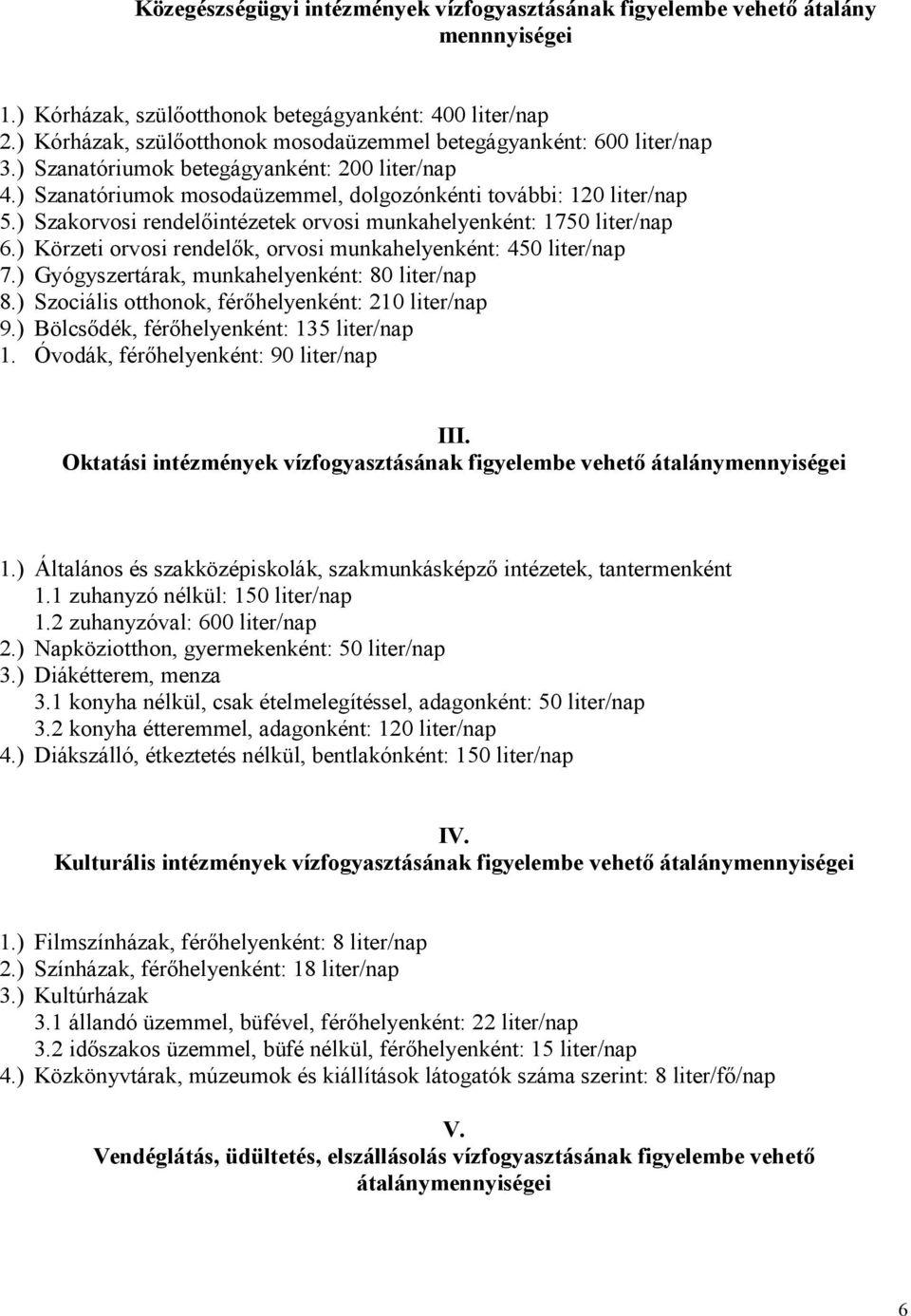 ) Szakorvosi rendelőintézetek orvosi munkahelyenként: 1750 liter/nap 6.) Körzeti orvosi rendelők, orvosi munkahelyenként: 450 liter/nap 7.) Gyógyszertárak, munkahelyenként: 80 liter/nap 8.