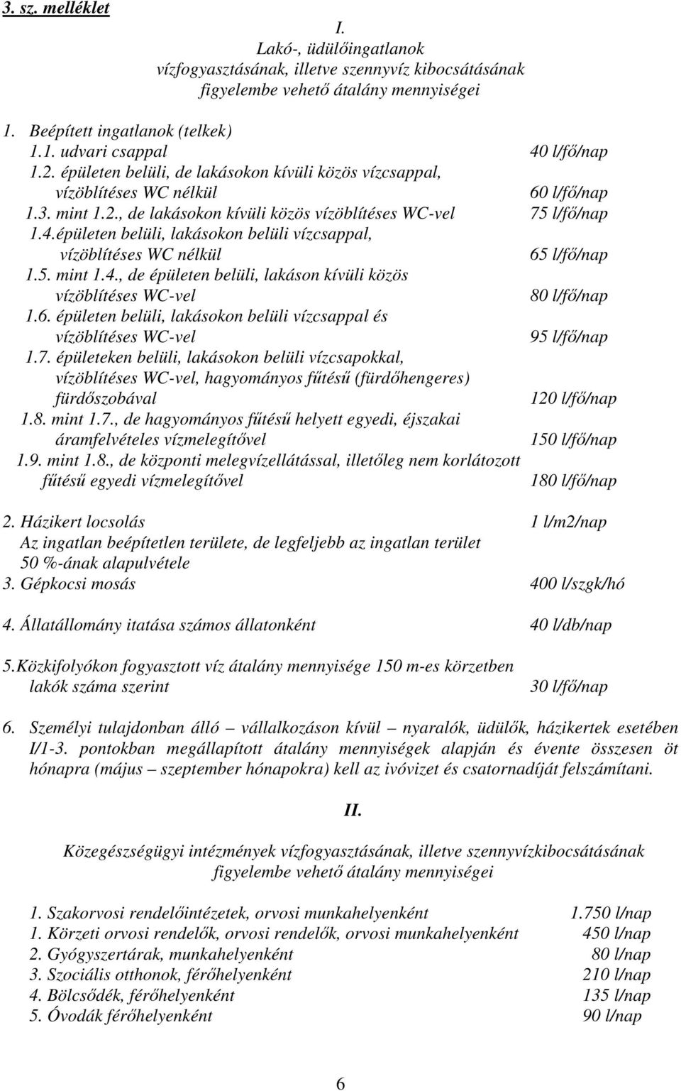 épületen belüli, lakásokon belüli vízcsappal, vízöblítéses WC nélkül 65 l/fő/nap 1.5. mint 1.4., de épületen belüli, lakáson kívüli közös vízöblítéses WC-vel 80 l/fő/nap 1.6. épületen belüli, lakásokon belüli vízcsappal és vízöblítéses WC-vel 95 l/fő/nap 1.