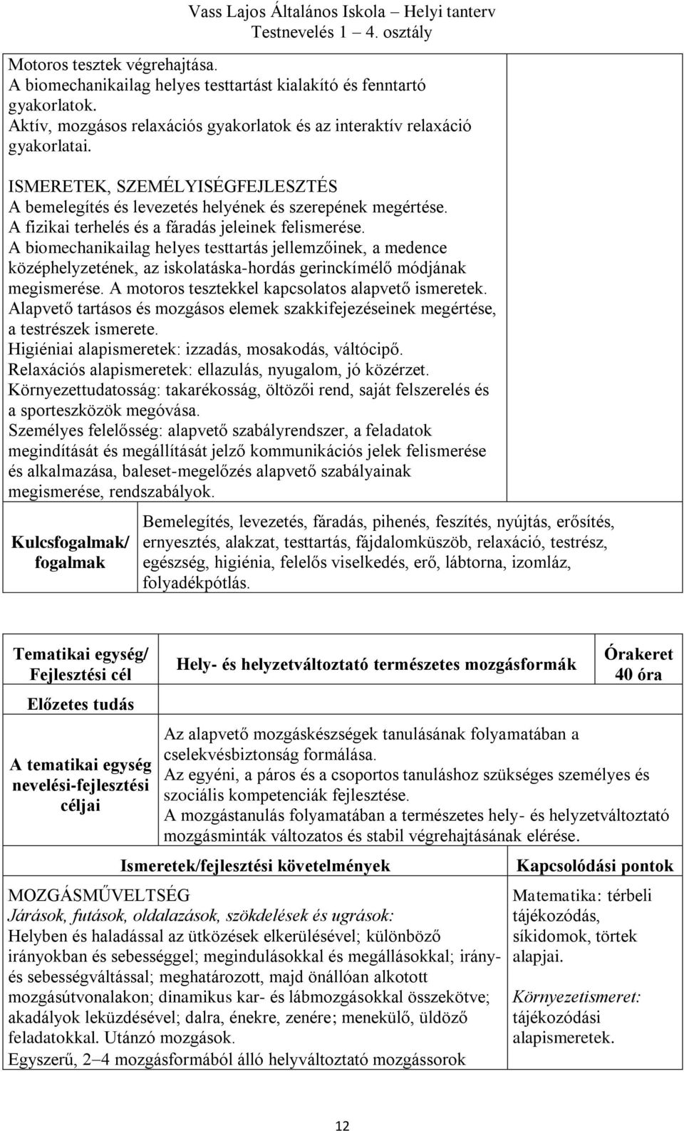 A biomechanikailag helyes testtartás jellemzőinek, a medence középhelyzetének, az iskolatáska-hordás gerinckímélő módjának megismerése. A motoros tesztekkel kapcsolatos alapvető ismeretek.