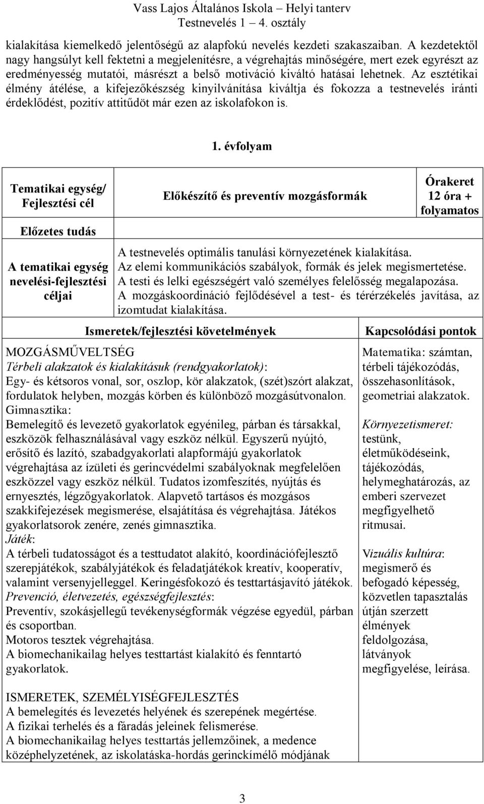 Az esztétikai élmény átélése, a kifejezőkészség kinyilvánítása kiváltja és fokozza a testnevelés iránti érdeklődést, pozitív attitűdöt már ezen az iskolafokon is. 1.