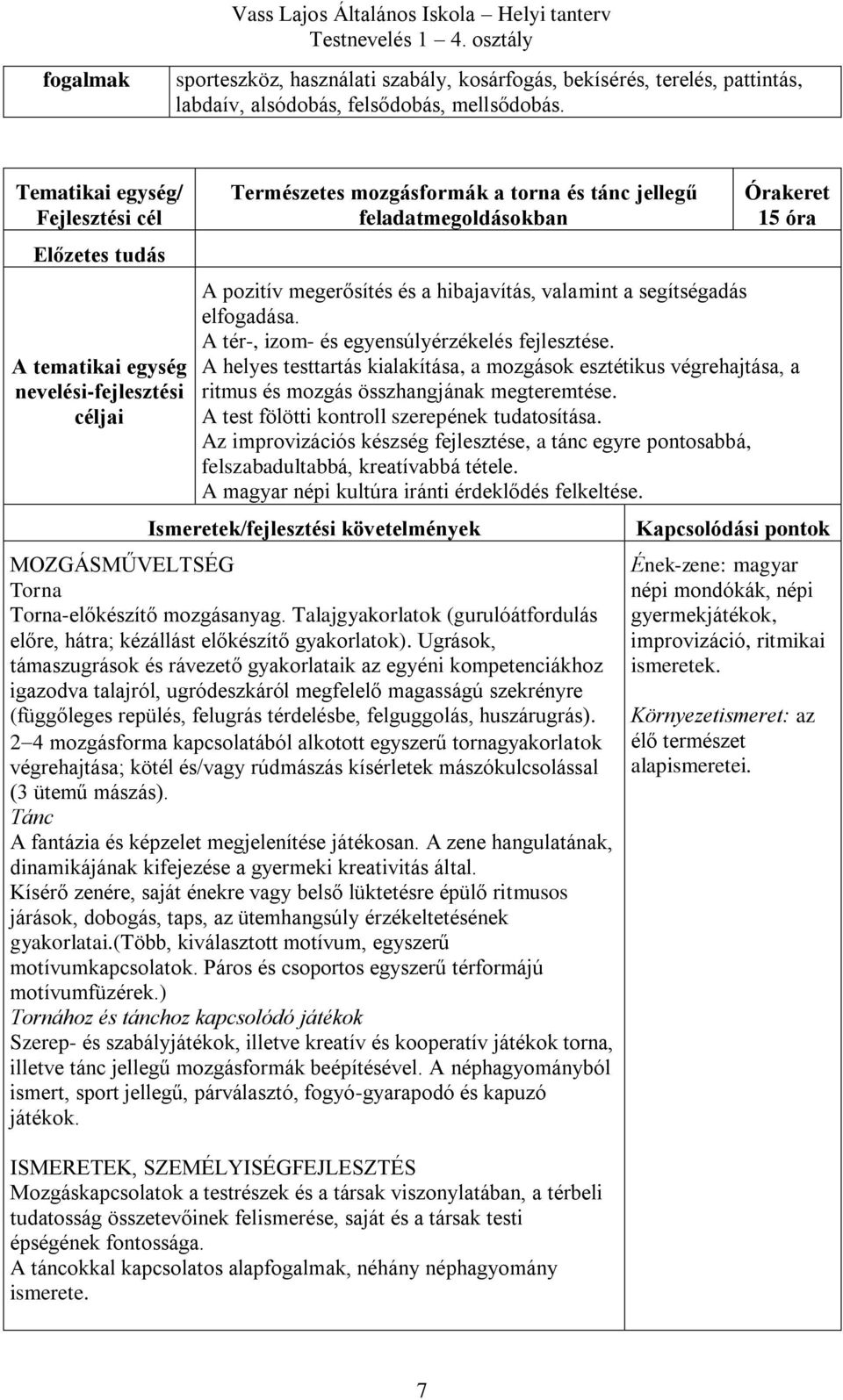 A tér-, izom- és egyensúlyérzékelés fejlesztése. A helyes testtartás kialakítása, a mozgások esztétikus végrehajtása, a ritmus és mozgás összhangjának megteremtése.