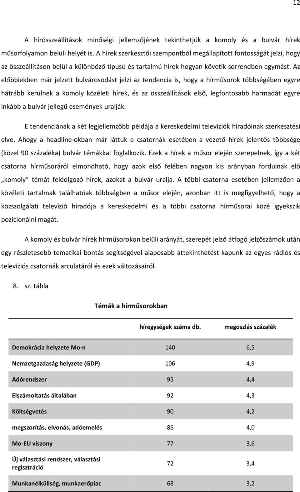 Az előbbiekben már jelzett bulvárosodást jelzi az tendencia is, hogy a hírműsorok többségében egyre hátrább kerülnek a komoly közéleti hírek, és az összeállítások első, legfontosabb harmadát egyre