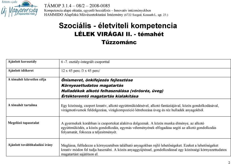 (vörösréz, üveg) Értékteremtő magatartás kialakítása A témahét tartalma Egy közösség, csoport kreatív, alkotó együttműködésével, alkotó fantáziájával, közös gondolkodásával, virágmotívumok