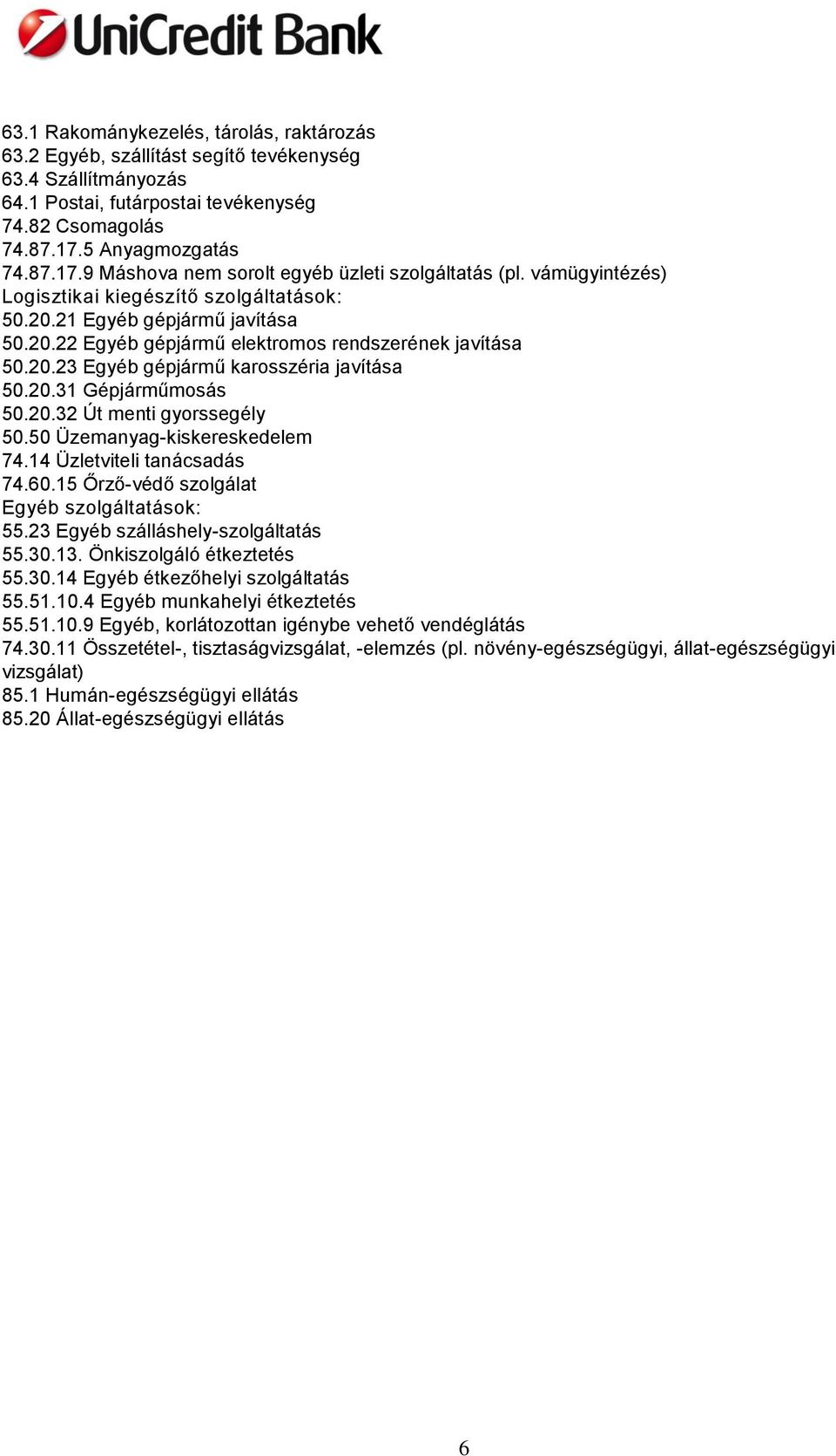 20.23 Egyéb gépjármű karsszéria javítása 50.20.31 Gépjárműmsás 50.20.32 Út menti gyrssegély 50.50 Üzemanyag-kiskereskedelem 74.14 Üzletviteli tanácsadás 74.60.