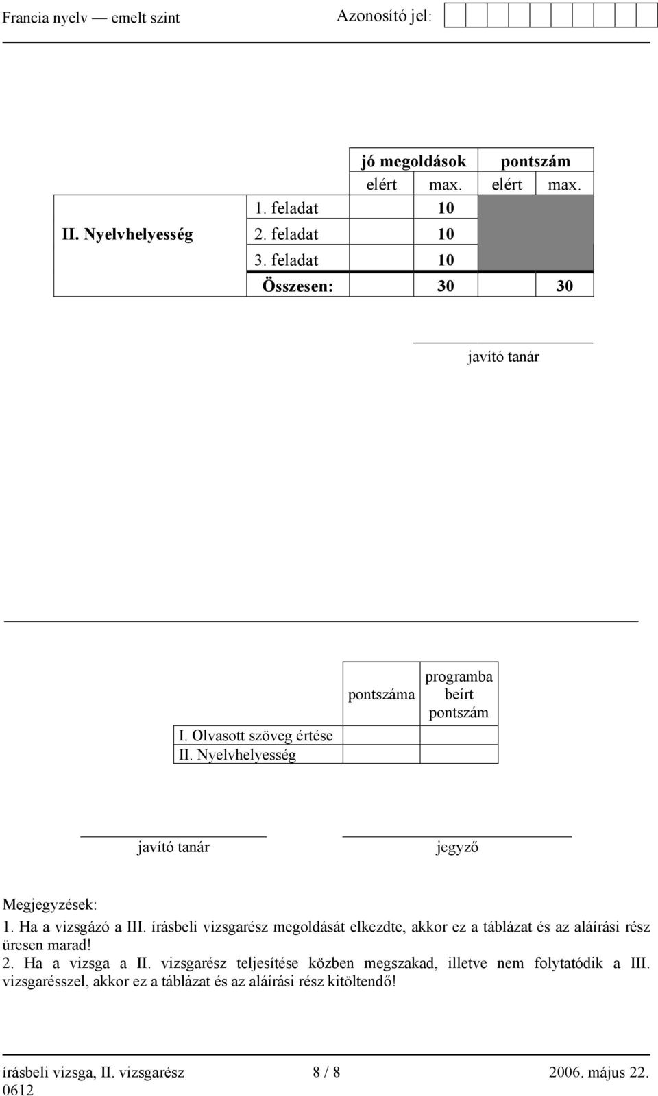 írásbeli vizsgarész megoldását elkezdte, akkor ez a táblázat és az aláírási rész üresen marad! 2. Ha a vizsga a II.