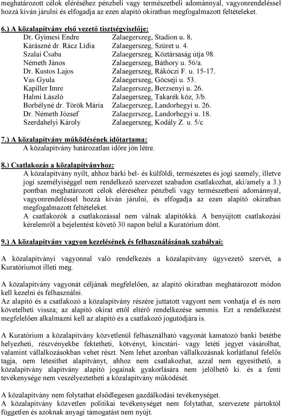 Németh János Zalaegerszeg, Báthory u. 56/a. Dr. Kustos Lajos Zalaegerszeg, Rákóczi F. u. 15-17. Vas Gyula Zalaegerszeg, Göcseji u. 53. Kapiller Imre Zalaegerszeg, Berzsenyi u. 26.