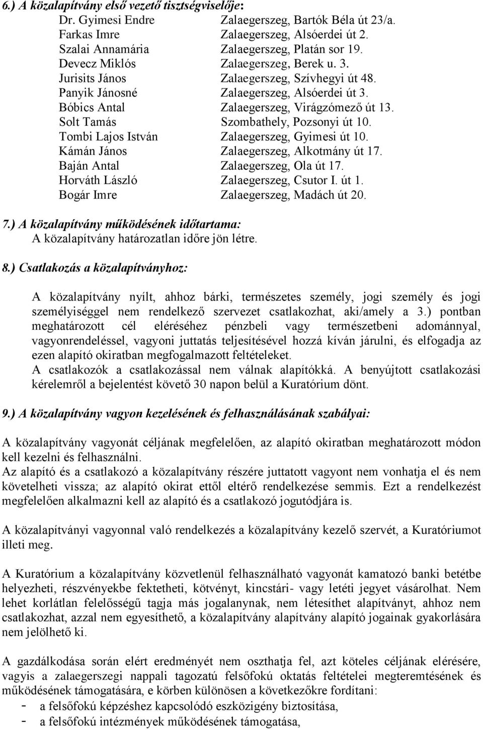 Solt Tamás Szombathely, Pozsonyi út 10. Tombi Lajos István Zalaegerszeg, Gyimesi út 10. Kámán János Zalaegerszeg, Alkotmány út 17. Baján Antal Zalaegerszeg, Ola út 17.