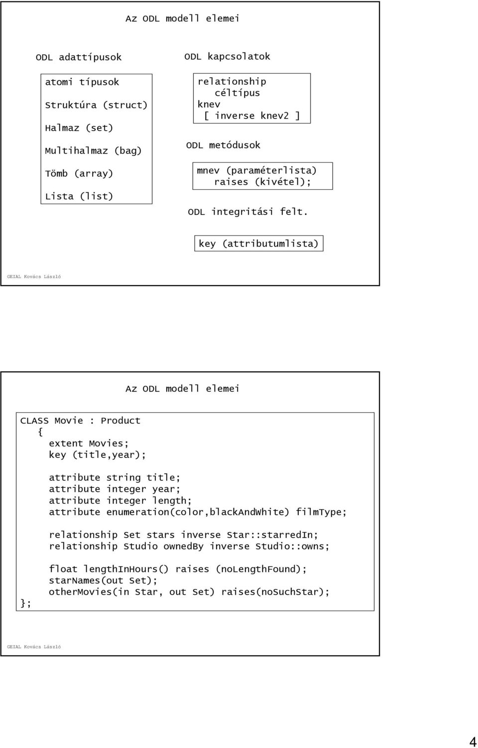 key (attributumlista) Az ODL modell elemei CLASS Movie : Product { extent Movies; key (title,year); attribute string title; attribute integer year; attribute integer length;