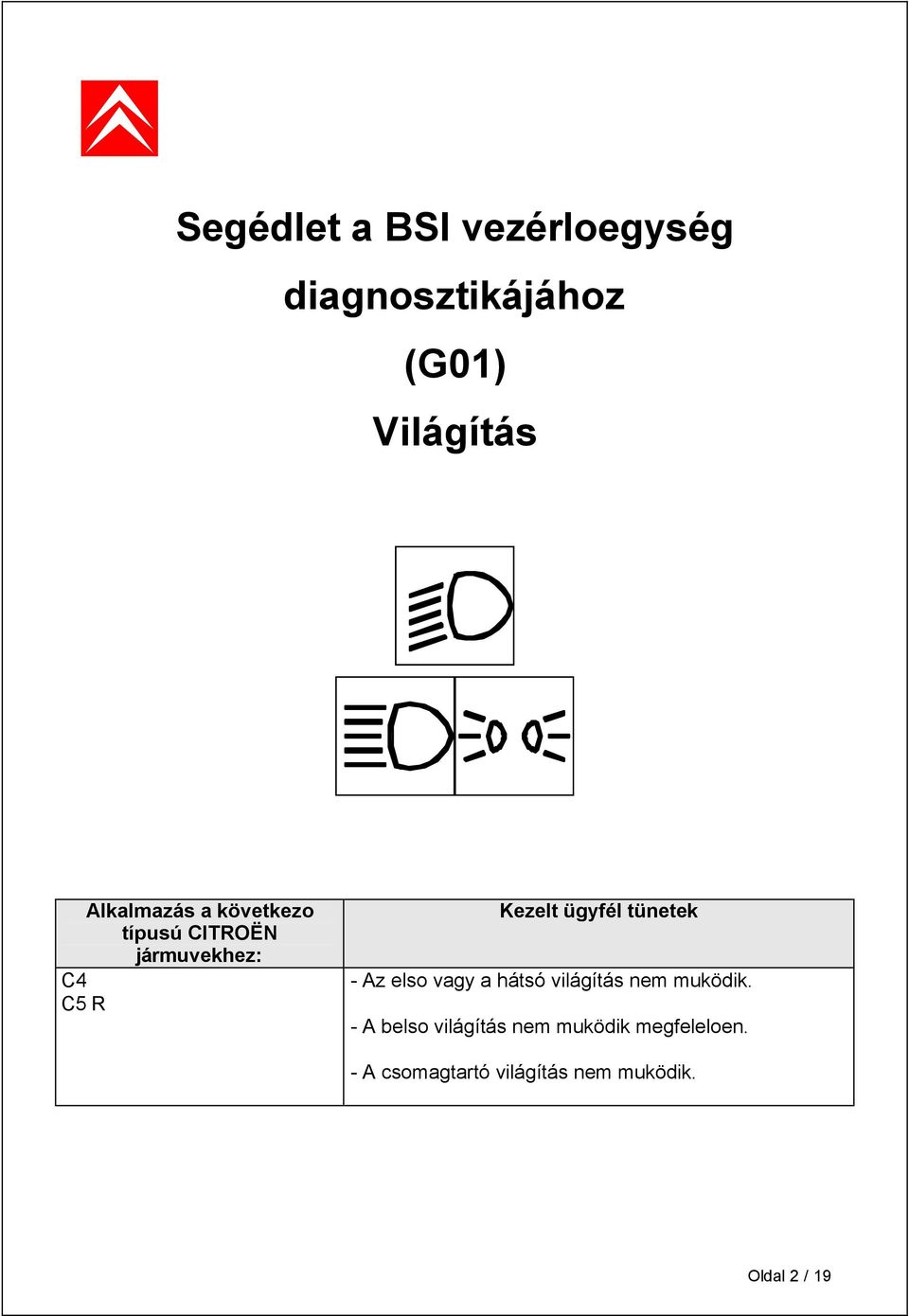 ügyfél tünetek - Az elso vagy a hátsó világítás nem muködik.