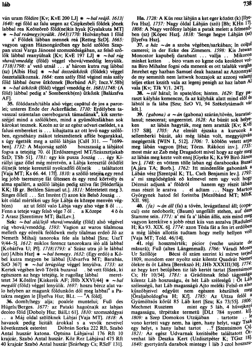 1665: vagyon ugyan Házsongárdban egy hold szőlőm Szappan utcai Varga Jánosné szomszédságában, az felső szőlők lábbal reanyúlnak [Kv; KvE 197 LJ] * ~bal rúg vhová/vmeddig (föld) véggel vhová/vmeddig