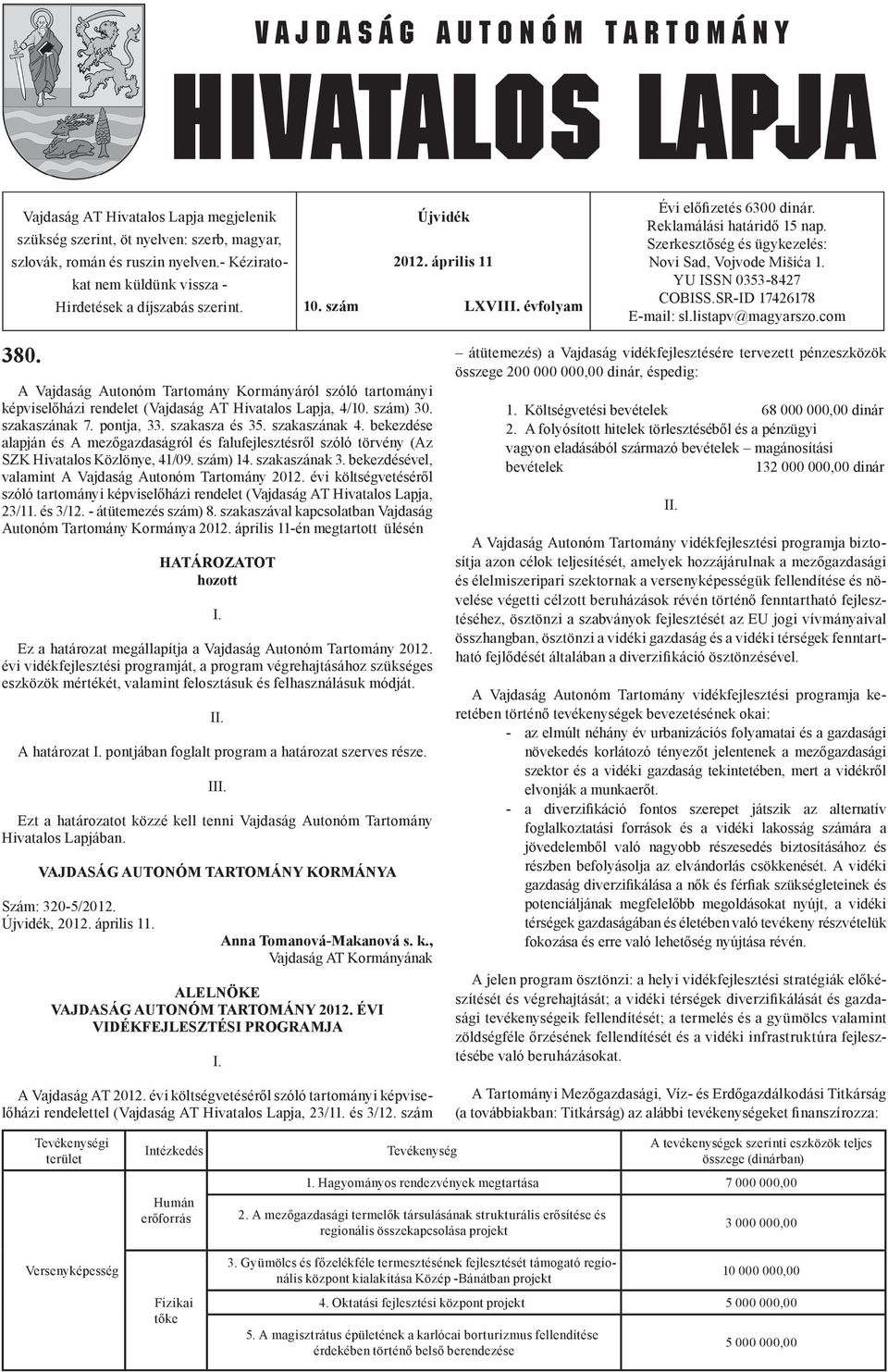 listapv@magyarszo.com 380. A Vajdaság Autonóm Tartomány Kormányáról szóló tartományi képviselőházi rendelet (Vajdaság AT Hivatalos Lapja, 4/10. szám) 30. szakaszának 7. pontja, 33. szakasza és 35.