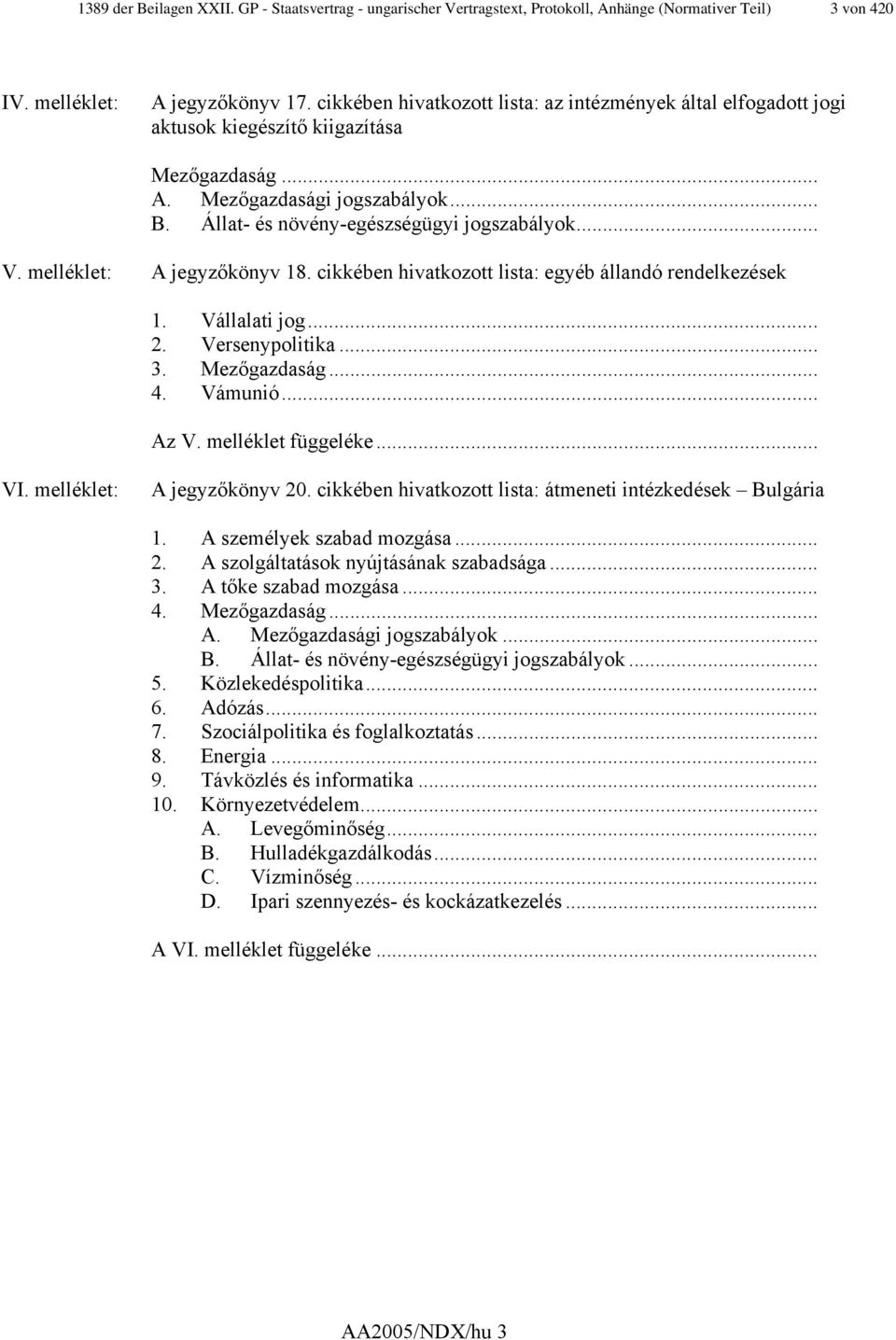 melléklet: A jegyzőkönyv 18. cikkében hivatkozott lista: egyéb állandó rendelkezések 1. Vállalati jog... 2. Versenypolitika... 3. Mezőgazdaság... 4. Vámunió... Az V. melléklet függeléke... VI.