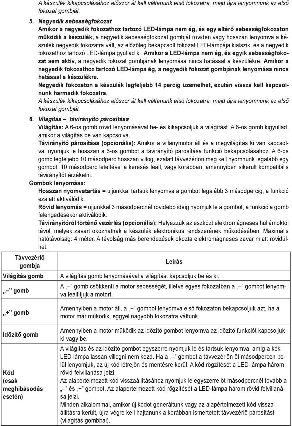 készülék negyedik fokozatra vált, az előzőleg bekapcsolt fokozat LED-lámpája kialszik, és a negyedik fokozathoz tartozó LED-lámpa gyullad ki.