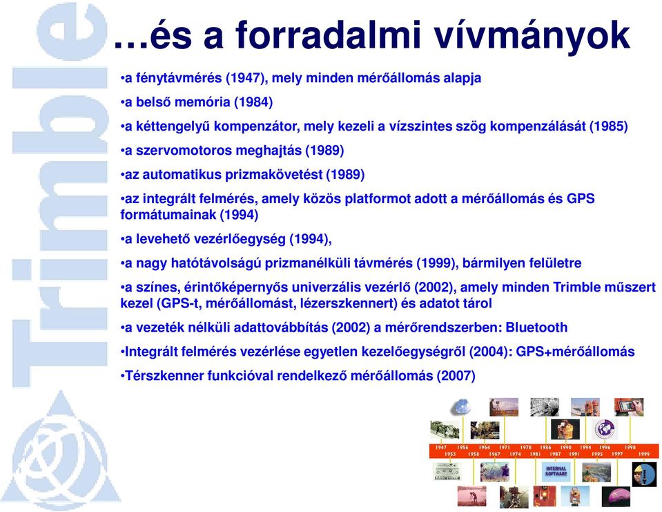 hatótávolságú prizmanélküli távmérés (1999), bármilyen felületre a színes, érintıképernyıs univerzális vezérlı (2002), amely minden Trimble mőszert kezel (GPS-t, mérıállomást, lézerszkennert) és