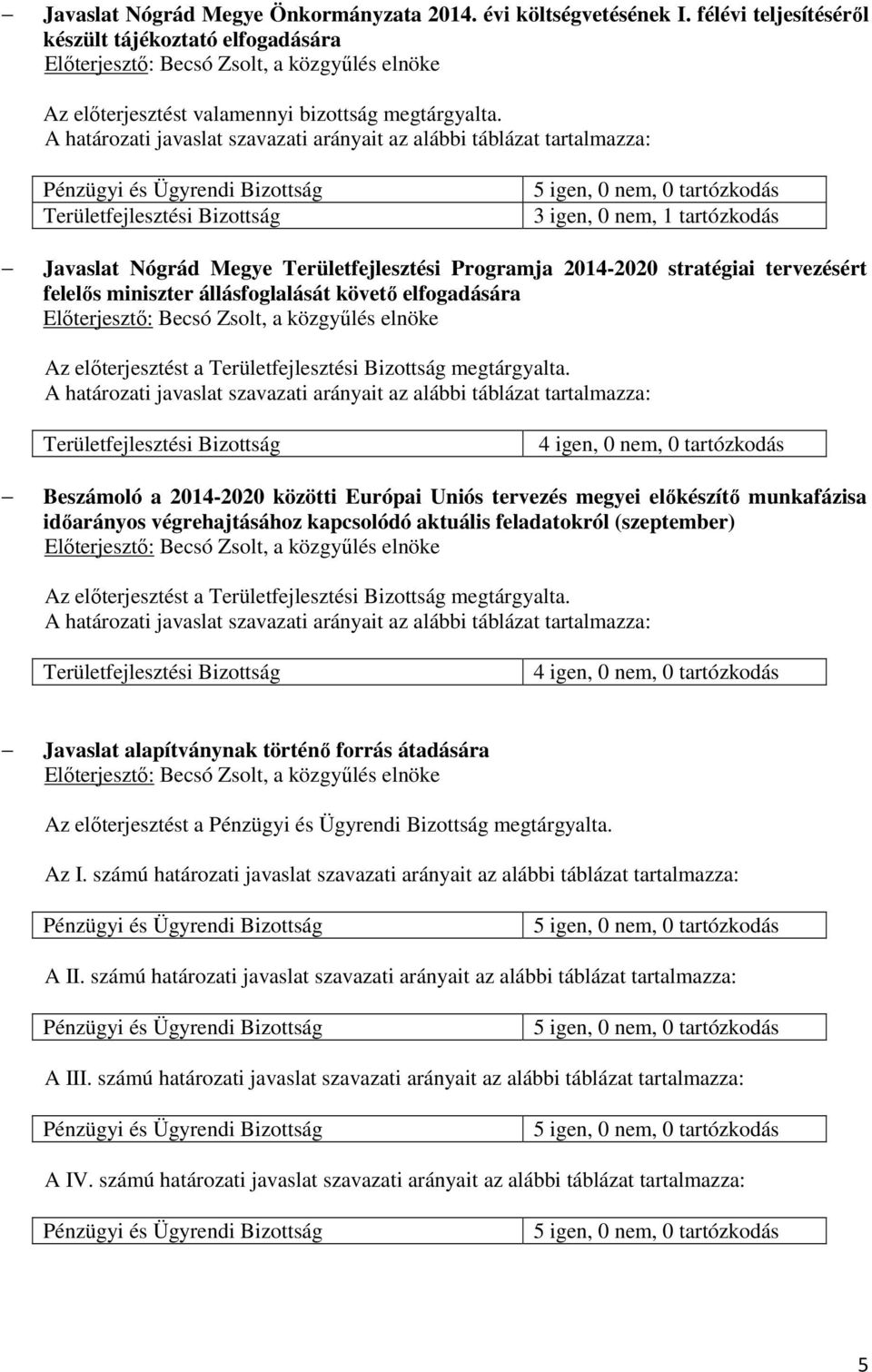 A határozati javaslat szavazati arányait az alábbi táblázat tartalmazza: Pénzügyi és Ügyrendi Bizottság Területfejlesztési Bizottság 5 igen, 0 nem, 0 tartózkodás 3 igen, 0 nem, 1 tartózkodás Javaslat