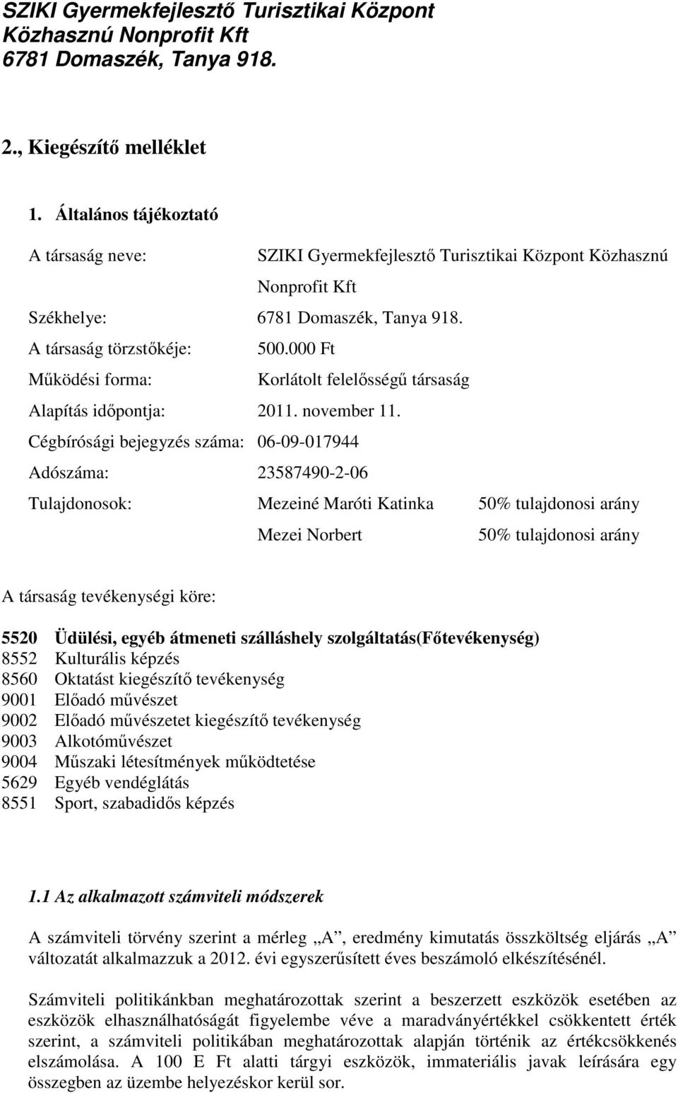 Cégbírósági bejegyzés száma: 06-09-017944 Adószáma: 23587490-2-06 Tulajdonosok: Mezeiné Maróti Katinka 50% tulajdonosi arány Mezei Norbert 50% tulajdonosi arány A társaság tevékenységi köre: 5520