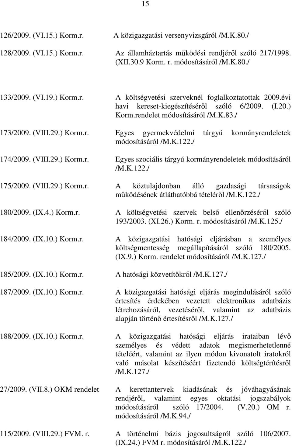 K.122./ 174/2009. (VIII.29.) Korm.r. Egyes szociális tárgyú kormányrendeletek módosításáról /M.K.122./ 175/2009. (VIII.29.) Korm.r. A köztulajdonban álló gazdasági társaságok mőködésének átláthatóbbá tételérıl /M.