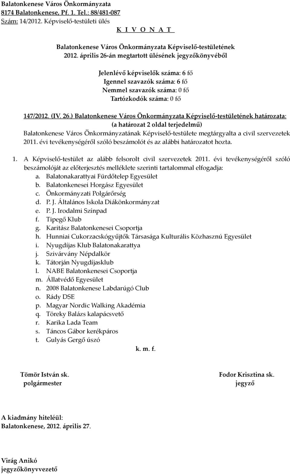 évi tevékenységéről szóló beszámolóját az előterjesztés melléklete szerinti tartalommal elfogadja: a. Balatonakarattyai Fürdőtelep Egyesület b. Balatonkenesei Horgász Egyesület c.