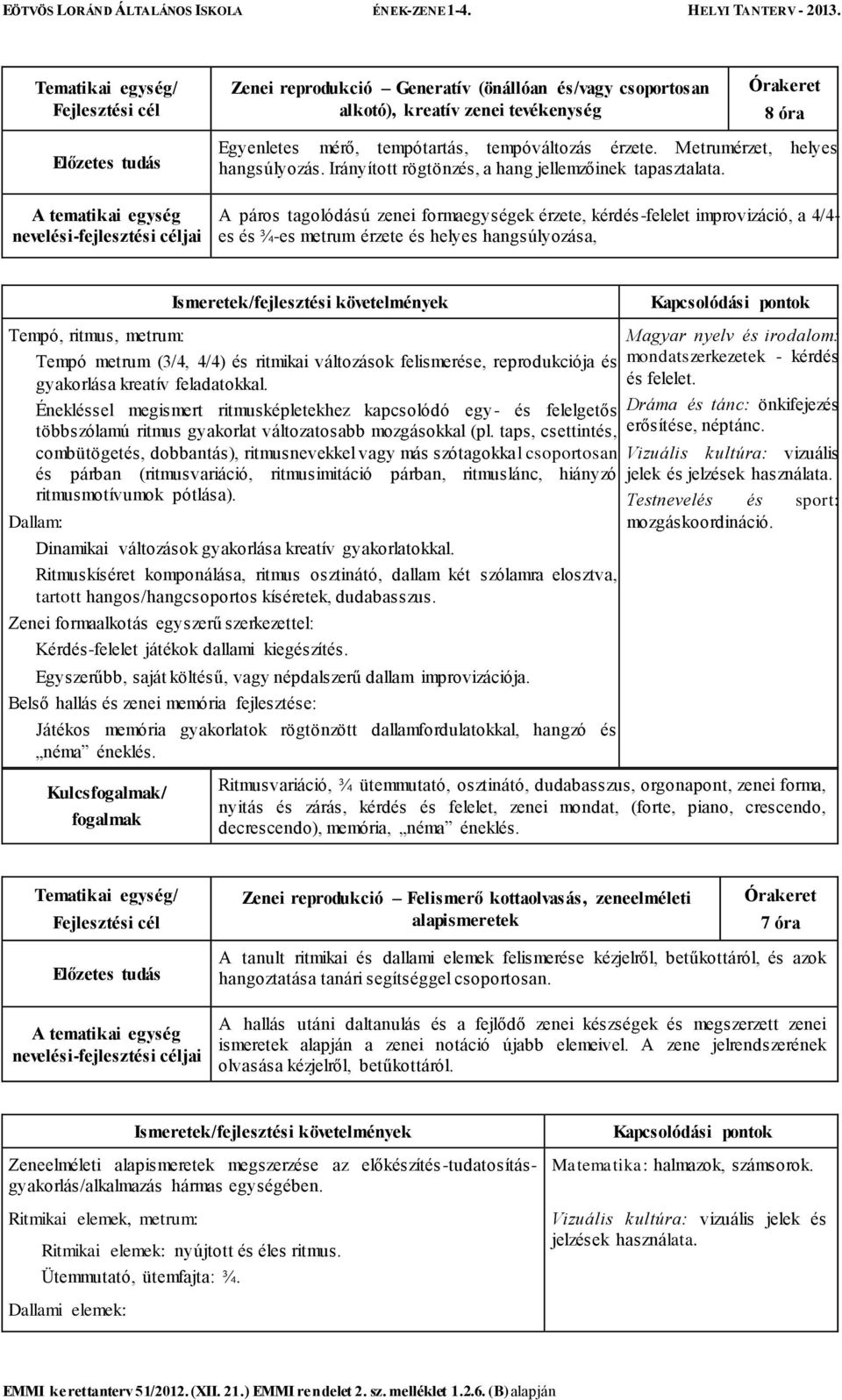 A páros tagolódású zenei formaegységek érzete, kérdés-felelet improvizáció, a 4/4- es és ¾-es metrum érzete és helyes hangsúlyozása, Tempó, ritmus, metrum: Tempó metrum (3/4, 4/4) és ritmikai