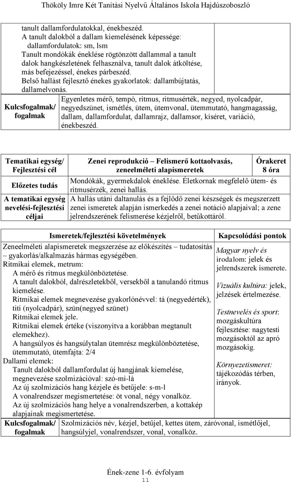 befejezéssel, énekes párbeszéd. Belső hallást fejlesztő énekes gyakorlatok: dallambújtatás, dallamelvonás.