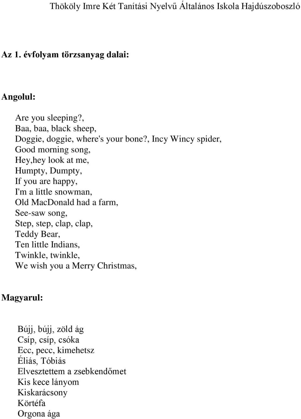 a farm, See-saw song, Step, step, clap, clap, Teddy Bear, Ten little Indians, Twinkle, twinkle, We wish you a Merry Christmas,