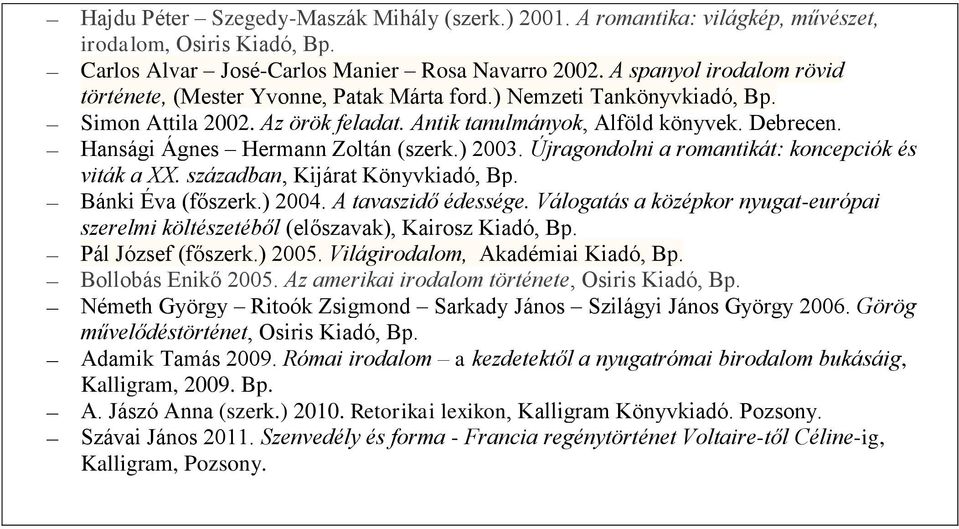 Hansági Ágnes Hermann Zoltán (szerk.) 2003. Újragondolni a romantikát: koncepciók és viták a XX. században, Kijárat Könyvkiadó, Bp. Bánki Éva (főszerk.) 2004. A tavaszidő édessége.