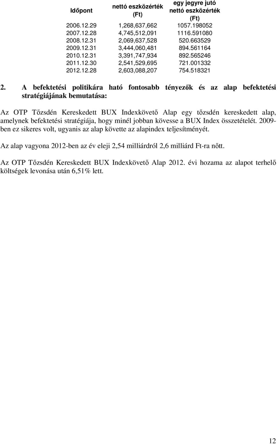 A befektetési politikára ható fontosabb tényezık és az alap befektetési stratégiájának bemutatása: Az OTP Tızsdén Kereskedett BUX Indexkövetı Alap egy tızsdén kereskedett alap, amelynek befektetési