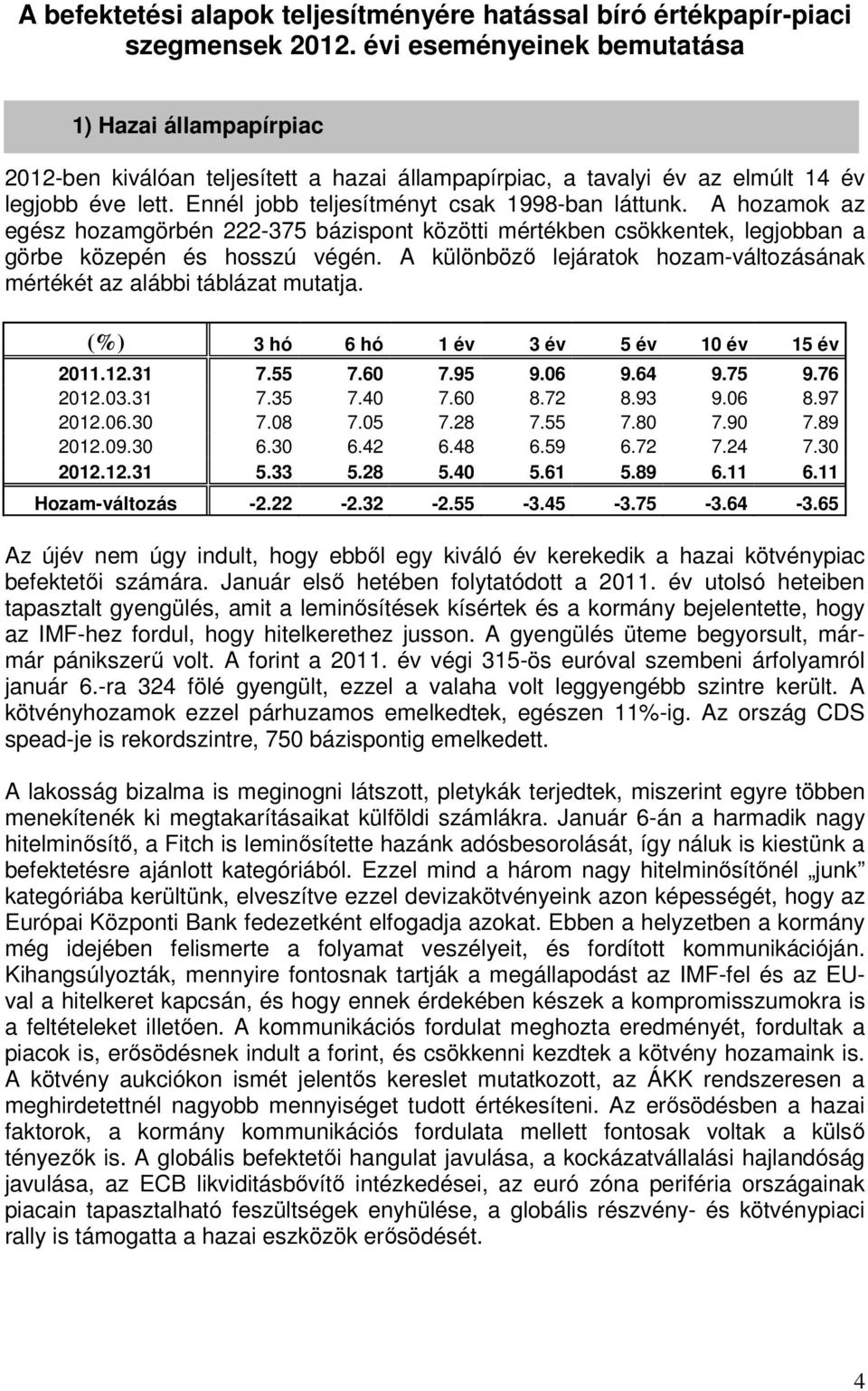 A hozamok az egész hozamgörbén 222-375 bázispont közötti mértékben csökkentek, legjobban a görbe közepén és hosszú végén. A különbözı lejáratok hozam-változásának mértékét az alábbi táblázat mutatja.