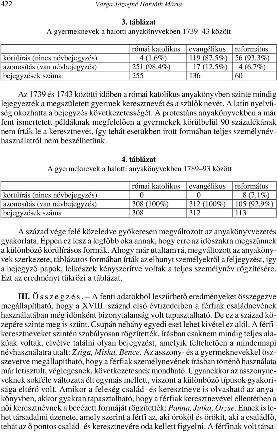 251 (98,4%) 117 (12,5%) 54 (6,7%) bejegyzések száma 255 136 60 Az 1739 és 1743 közötti időben a római katolikus anyakönyvben szinte mindig lejegyezték a megszületett gyermek keresztnevét és a szülők