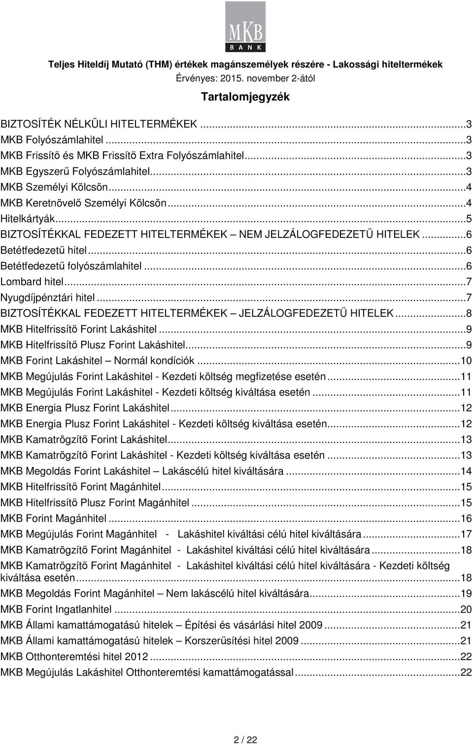 .. 6 Lmbard hitel... 7 Nyugdíjpénztári hitel... 7 BIZTOSÍTÉKKAL FEDEZETT HITELTERMÉKEK JELZÁLOGFEDEZETŰ HITELEK... 8 MKB Hitelfrissítő Frint Lakáshitel... 9 MKB Hitelfrissítő Plusz Frint Lakáshitel.