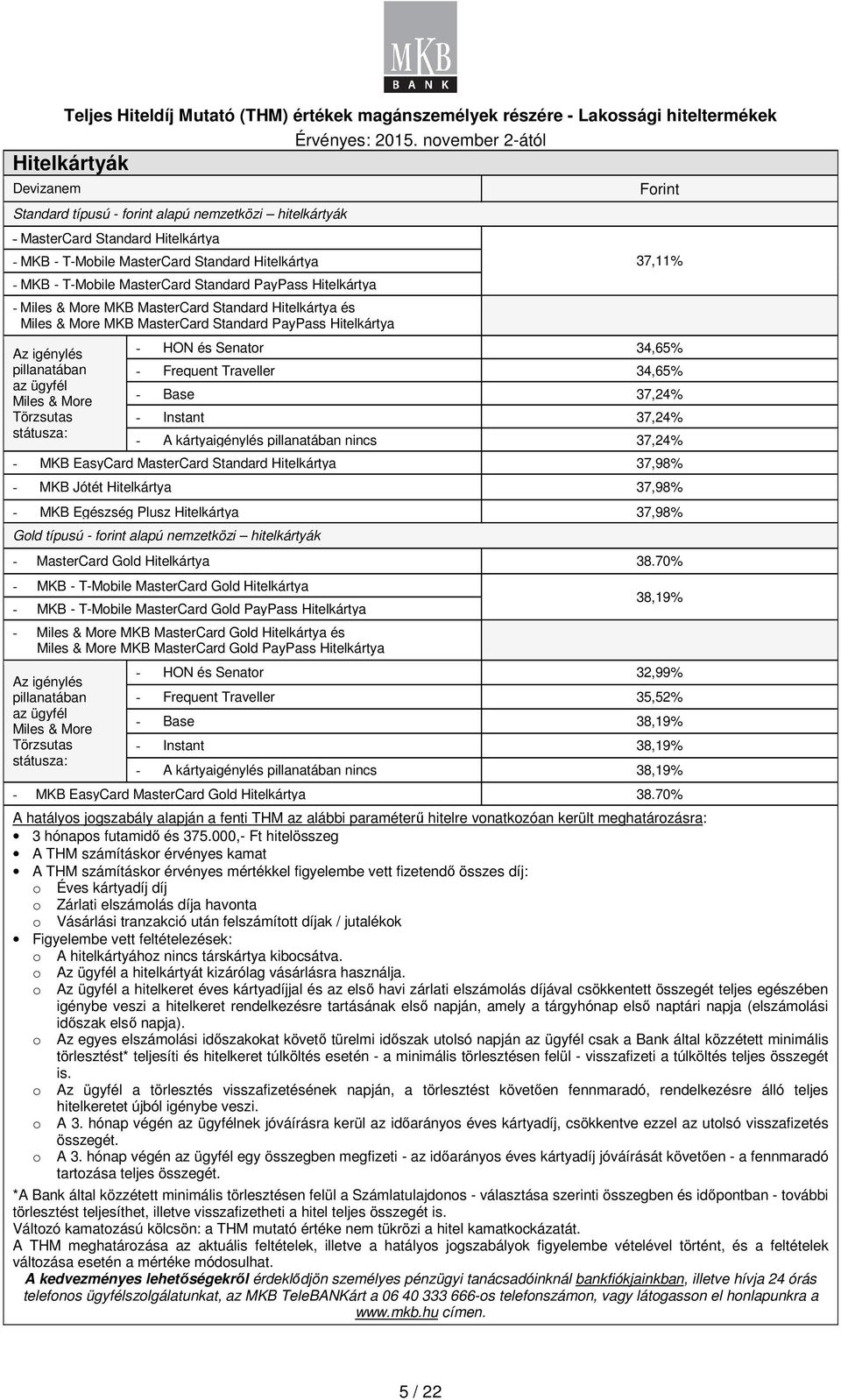 Frint 37,11% - HON és Senatr 34,65% - Frequent Traveller 34,65% - Base 37,24% - Instant 37,24% - A kártyaigénylés pillanatában nincs 37,24% - MKB EasyCard MasterCard Standard Hitelkártya 37,98% - MKB