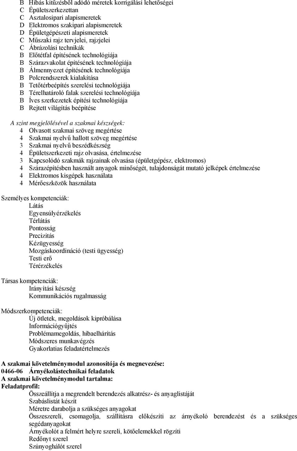 Tetőtérbeépítés szerelési technológiája B Térelhatároló falak szerelési technológiája B Íves szerkezetek építési technológiája B Rejtett világítás beépítése A szint megjelölésével a szakmai