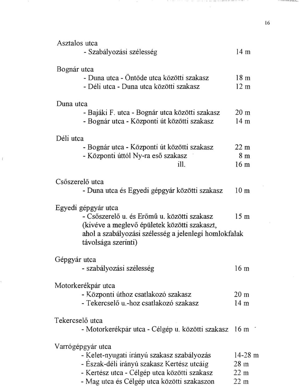 16 m Csoszerelo utca - Duna utca es Egyedi gepgyk kozotti szakasz 10 m Egyedi gepgyar utca - Csoszerelo u. es Eromii u.