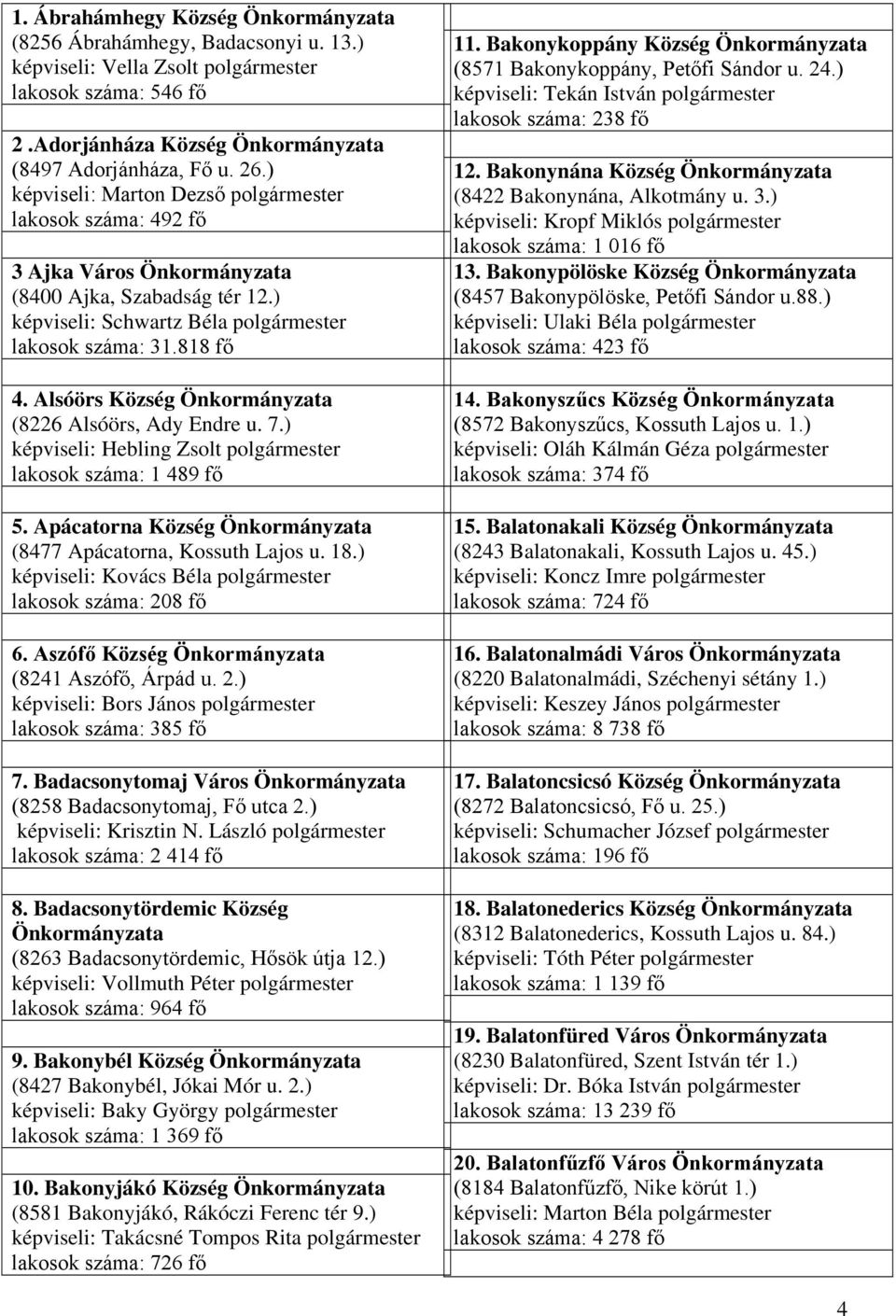 Alsóörs Község Önkormányzata (8226 Alsóörs, Ady Endre u. 7.) képviseli: Hebling Zsolt polgármester lakosok száma: 1 489 fő 5. Apácatorna Község Önkormányzata (8477 Apácatorna, Kossuth Lajos u. 18.