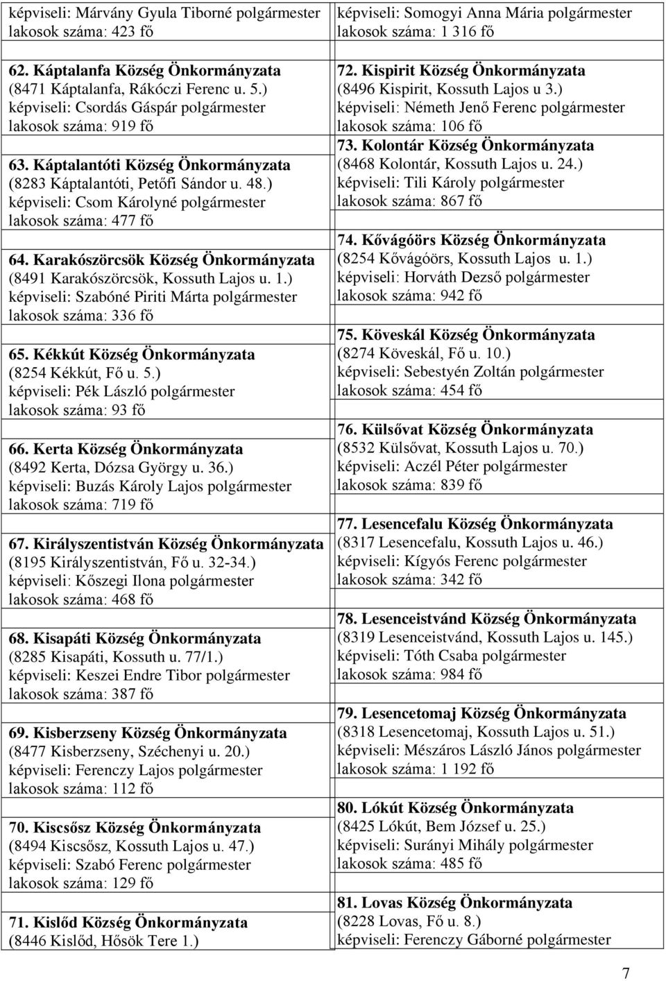 ) képviseli: Csom Károlyné polgármester lakosok száma: 477 fő 64. Karakószörcsök Község Önkormányzata (8491 Karakószörcsök, Kossuth Lajos u. 1.