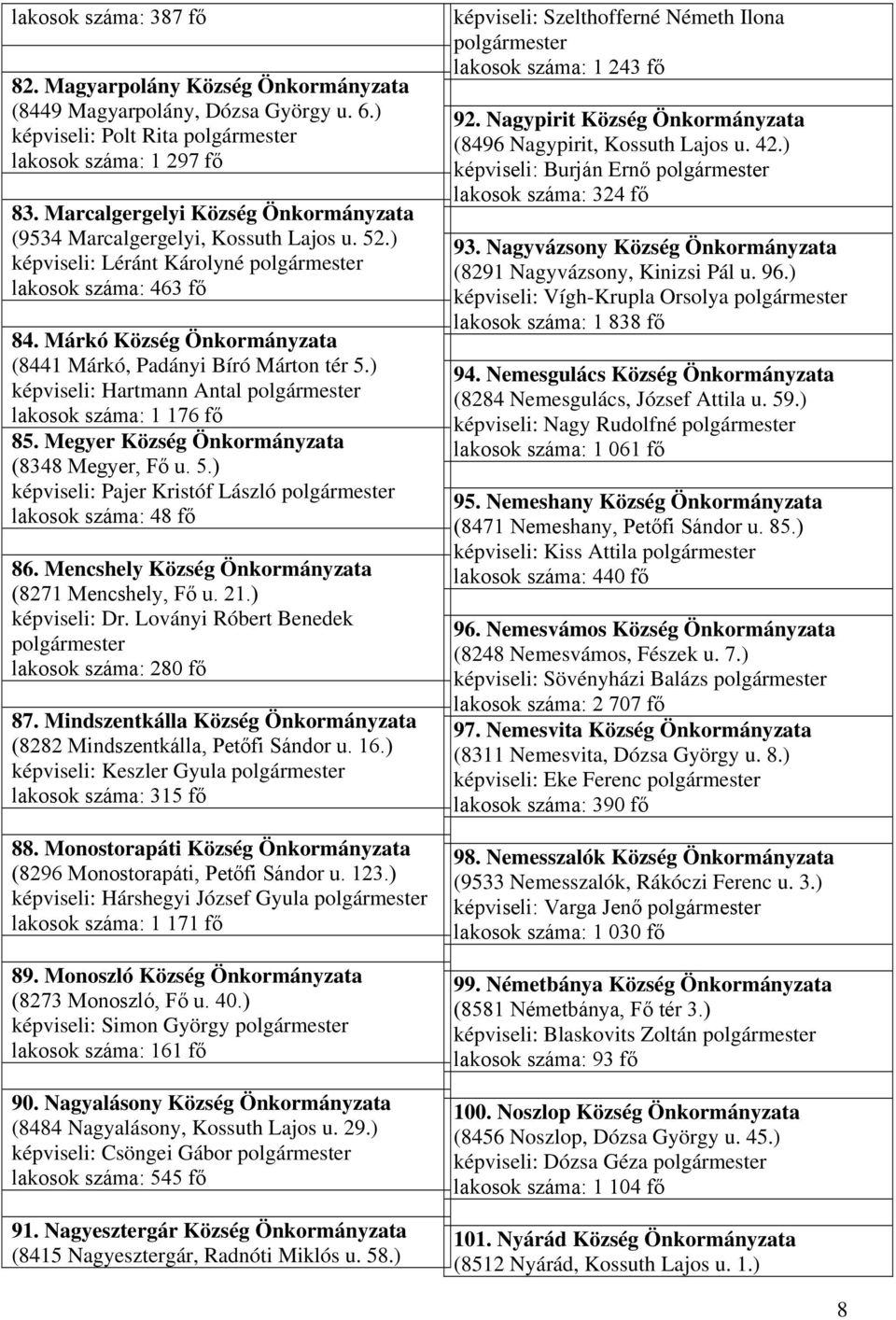 Márkó Község Önkormányzata (8441 Márkó, Padányi Bíró Márton tér 5.) képviseli: Hartmann Antal polgármester lakosok száma: 1 176 fő 85. Megyer Község Önkormányzata (8348 Megyer, Fő u. 5.) képviseli: Pajer Kristóf László polgármester lakosok száma: 48 fő 86.