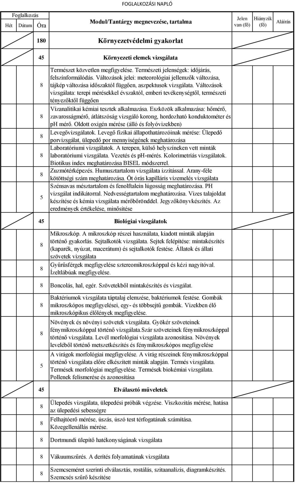 Foglalkozási napló. Környezetvédelmi technikus 13. évfolyam - PDF Ingyenes  letöltés