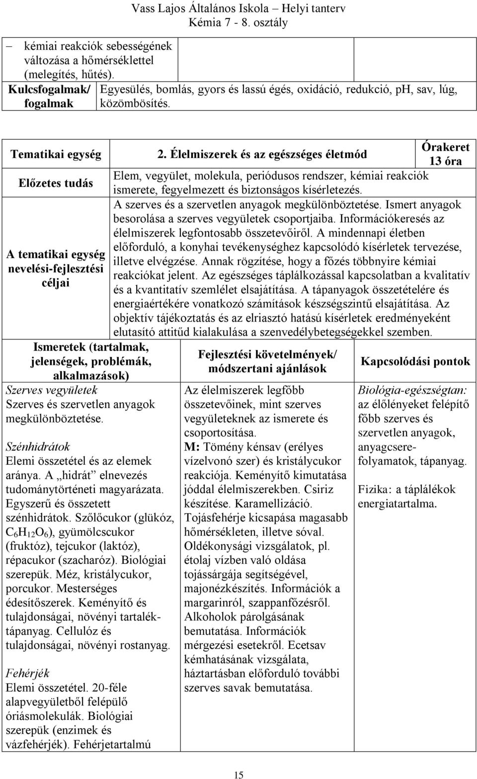 Tematikai egység Előzetes tudás A tematikai egység nevelési-fejlesztési céljai Ismeretek (tartalmak, jelenségek, problémák, alkalmazások) Szerves vegyületek Szerves és szervetlen anyagok