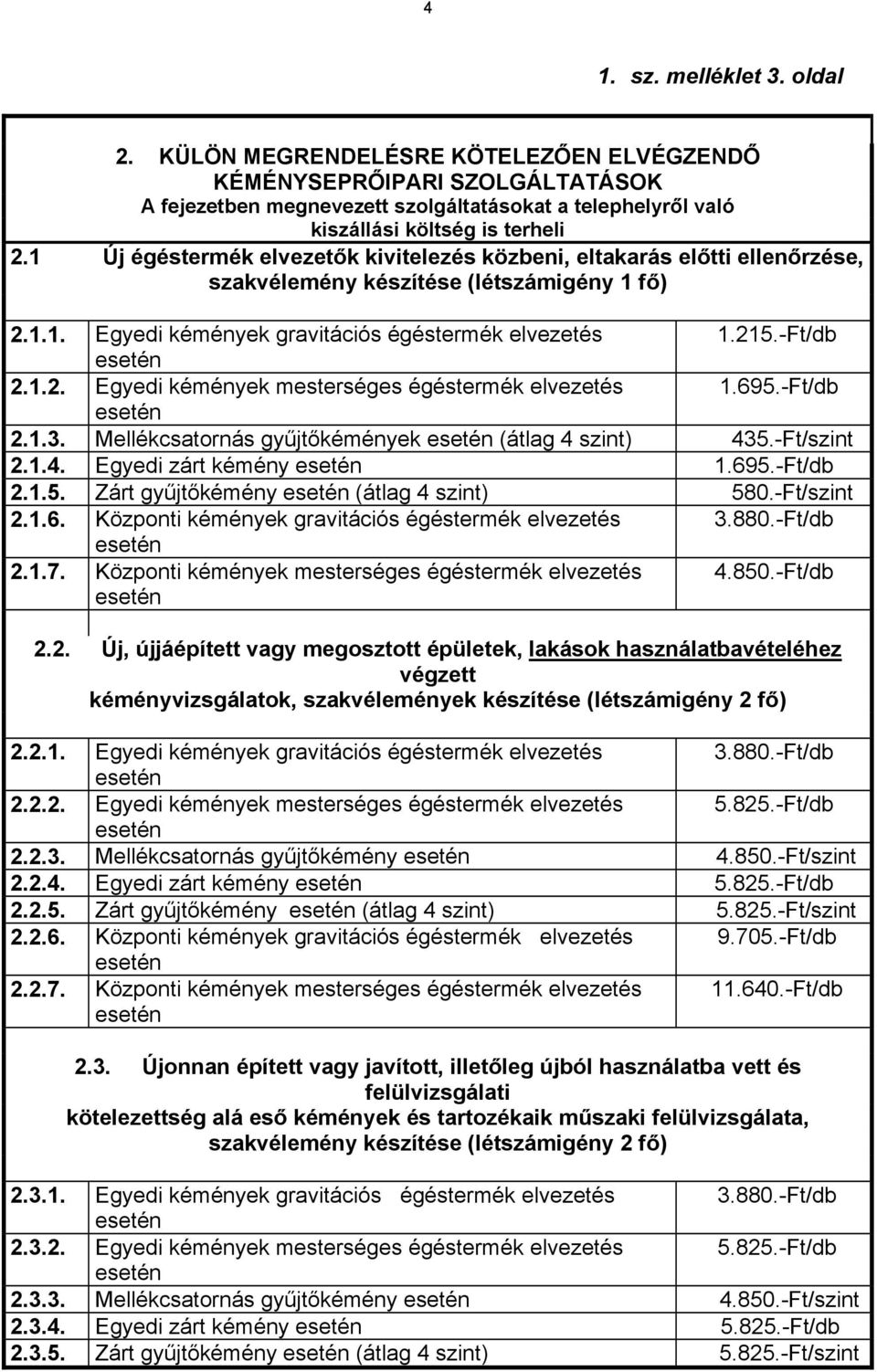 695.-Ft/db 2.1.3. Mellékcsatornás gyűjtőkémények (átlag 4 szint) 435.-Ft/szint 2.1.4. Egyedi zárt kémény 1.695.-Ft/db 2.1.5. Zárt gyűjtőkémény (átlag 4 szint) 580.-Ft/szint 2.1.6. Központi kémények gravitációs égéstermék elvezetés 3.