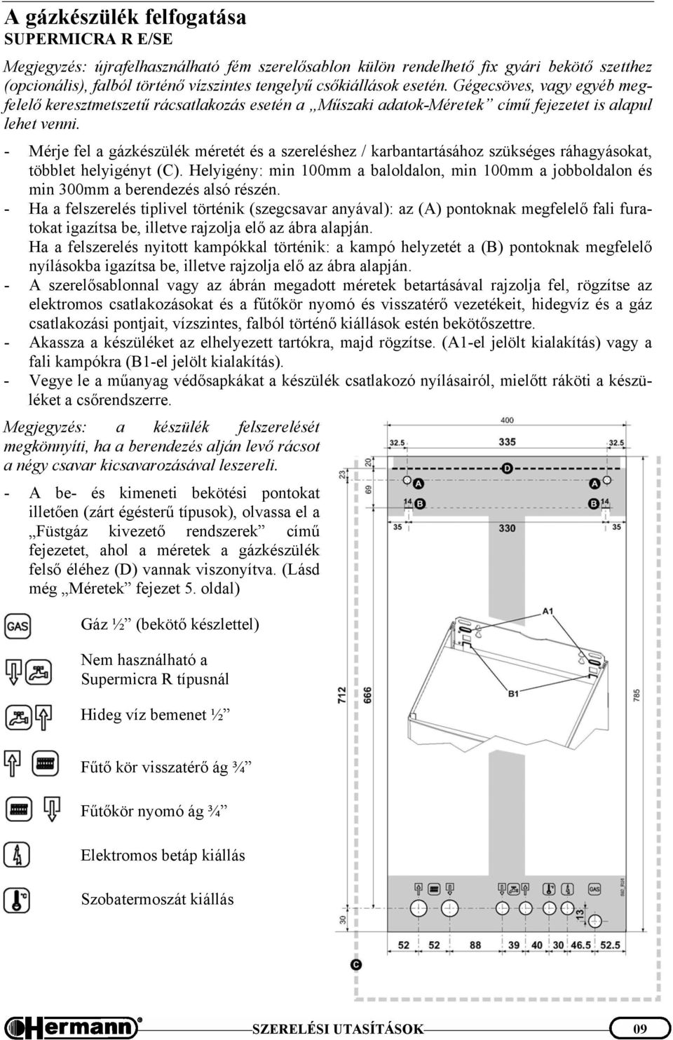 - Mérje fel a gázkészülék méretét és a szereléshez / karbantartásához szükséges ráhagyásokat, többlet helyigényt (C).