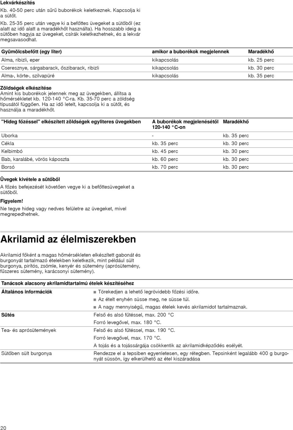 Gyümölcsbefőtt (egy liter) amikor a buborékok megjelennek Maradékhő Alma, ribizli, eper kikapcsolás kb. 25 perc Cseresznye, sárgabarack, őszibarack, ribizli kikapcsolás kb.