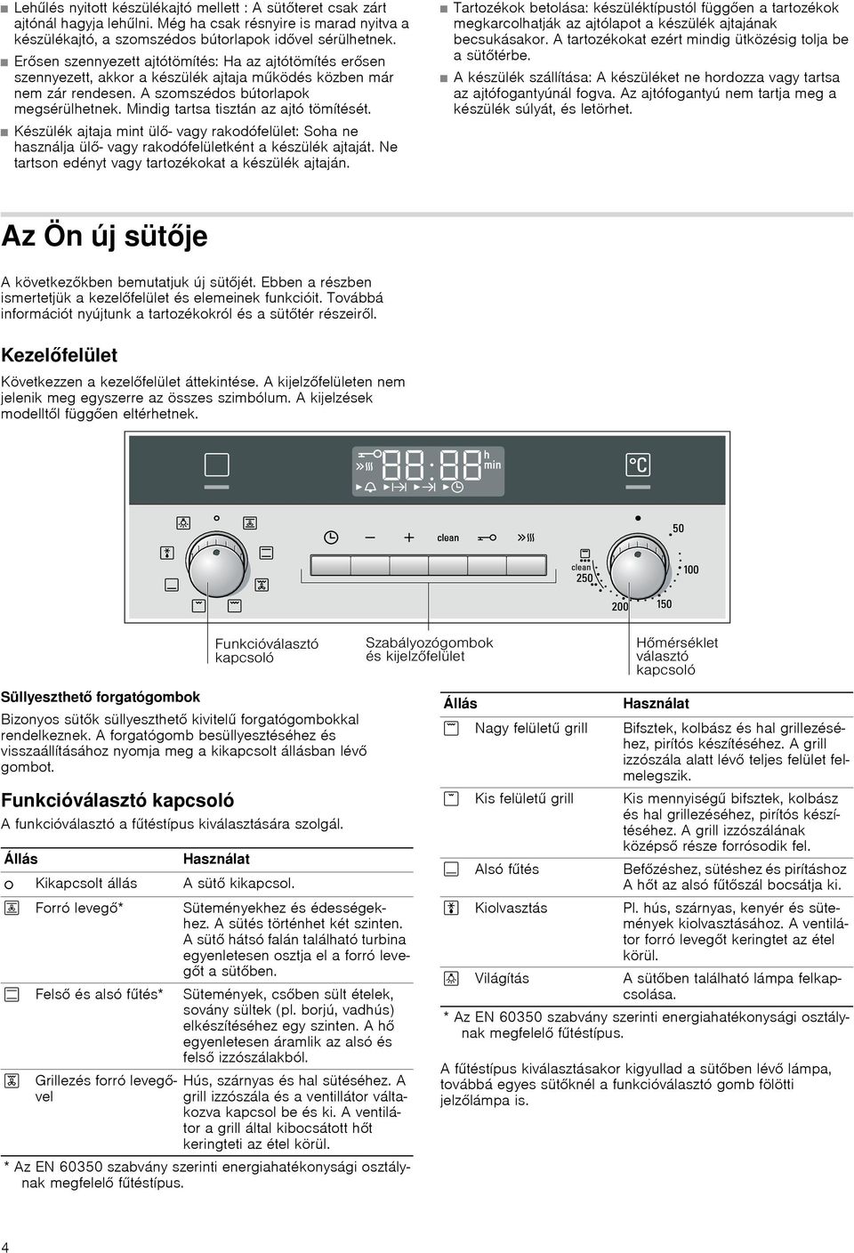 Mindig tartsa tisztán az ajtó tömítését. Készülék ajtaja mint ülő vagy rakodófelület: Soha ne használja ülő- vagy rakodófelületként a készülék ajtaját.