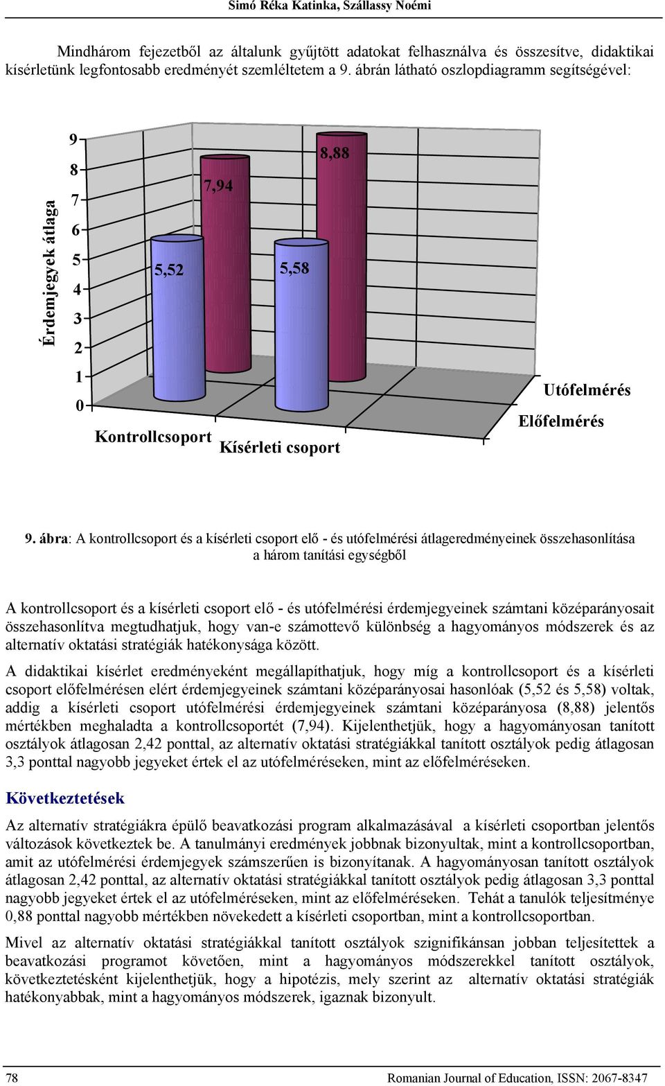 ábra: A kontrollcsoport és a kísérleti csoport elő - és utófelmérési átlageredményeinek összehasonlítása a három tanítási egységből A kontrollcsoport és a kísérleti csoport elő - és utófelmérési